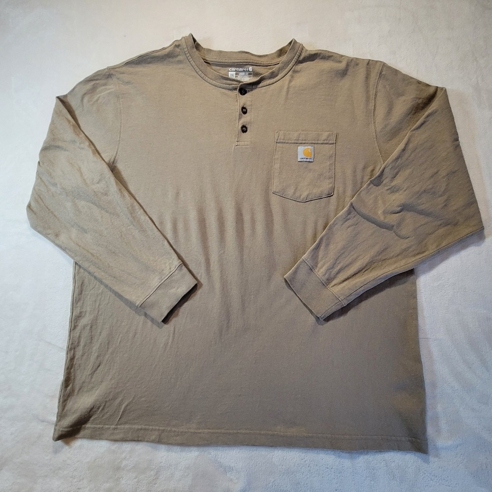 Carhartt Henley Shirt Mens 2XL Desert Tan Long Sleeve Loose Fit K126 Pocket Tee